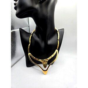 Vintage Modernist DARVEAU signed gold plated brutalist textured necklace